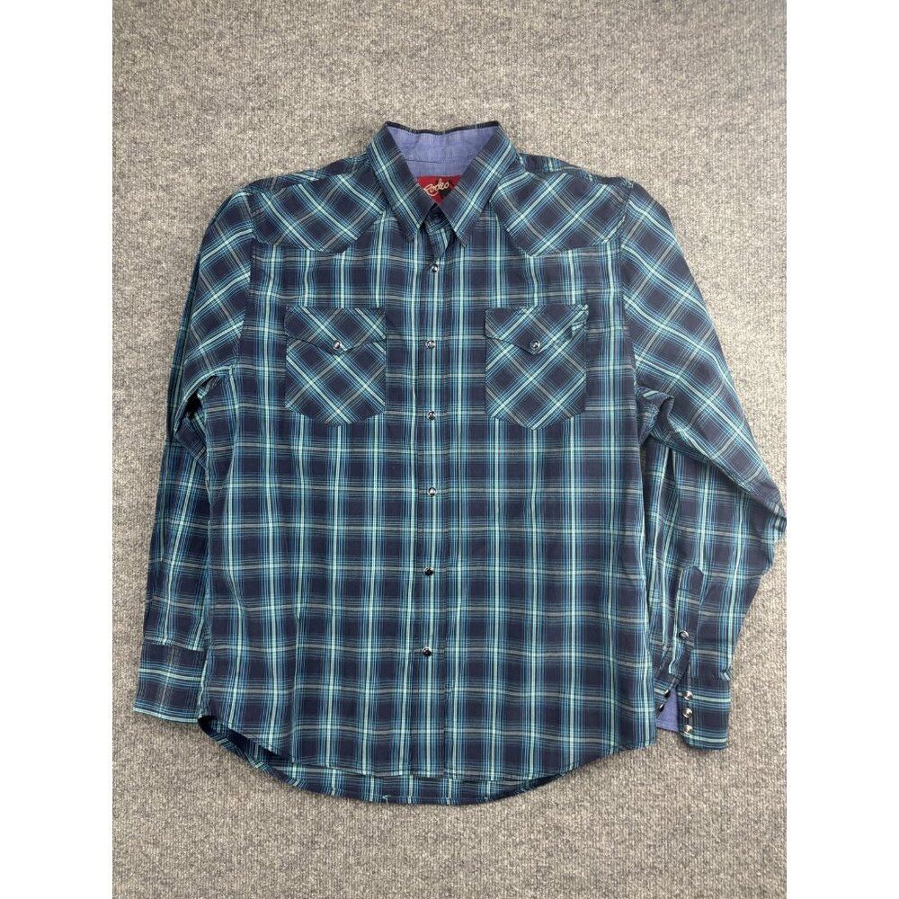 Rodeo Clothing Co Shirt Mens XL Blue Plaid Western Pearl Snap Long Sleeve Cowboy